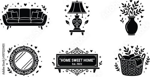 Black and white home sweet home sign with couch lamp mirror and vase icons