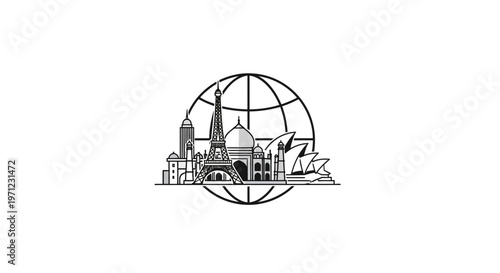 Iconic world landmarks illustration featuring globe, perfect for global travel and tourism design