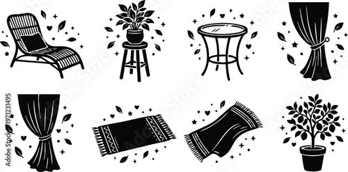 Interior decor elements with chair plant table curtain and rug