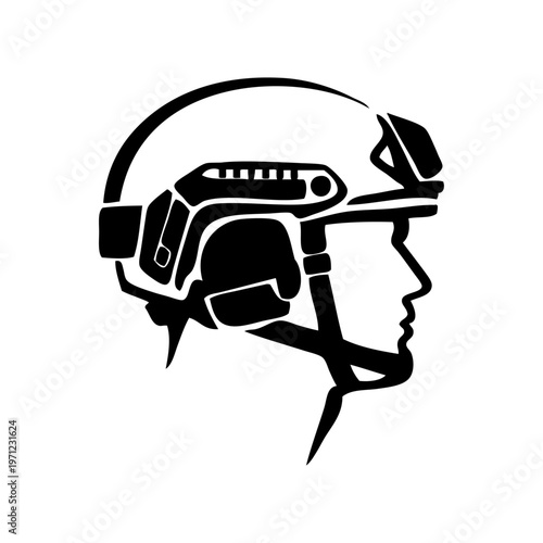 Logotipo con dibujo minimalista de un primer plano de la cabeza de un soldado con casco de combate, visto de perfil 