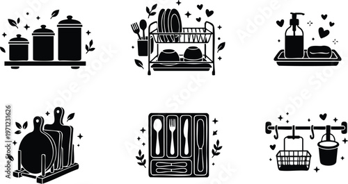 Black and white kitchen storage jars dish rack soap dispenser cutting boards cutlery organizer hanging basket vector art