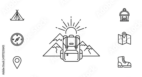 Minimalist Outdoor Adventure Icons Depicting Hiking, Camping, and Exploration Elements
