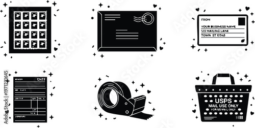 Black and white postal stamp sheet envelope label tape dispenser and usps mail basket vector art