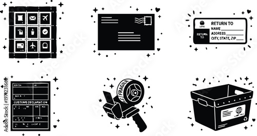 Black and white shipping labels postal tape dispenser mail box vector art