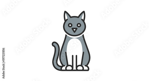 Cartoon grey cat icon isolated on white background looking forward with a black outline