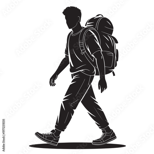 Man walking with large backpack travel vector illustration silhouette
