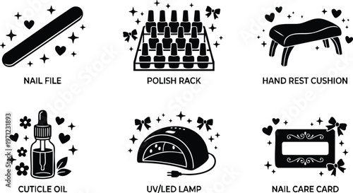 Black and white flat design nail file polish rack hand rest cushion cuticle oil uv led lamp nail care card icons