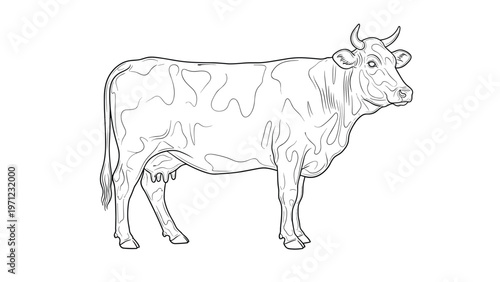 Realistic black and white line drawing of a dairy cow standing sideways showcases its muscular build and markings.