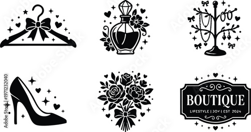 Black boutique label with ornate frame and floral perfume shoe hanger jewelry icons