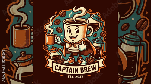 Cartoon coffee cup character logo.