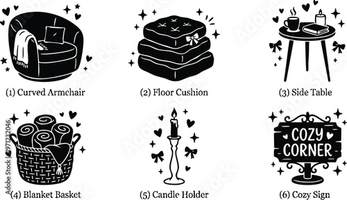 Black and white cozy corner curved armchair candle holder floor cushions side table and blanket basket flat vector art