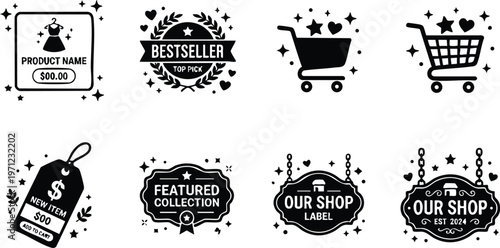 Black and white featured collection label and shopping icons vector art set
