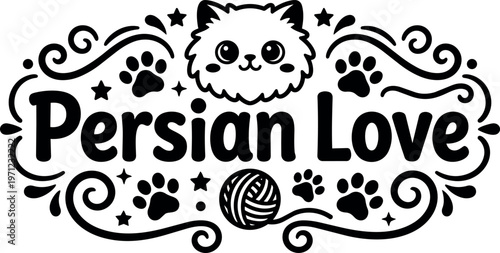 Persian love text with cute cat face paw prints and yarn ball vector art