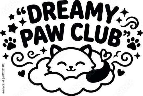 Dreamy paw club sleeping cat surrounded by stars and hearts black and white line art
