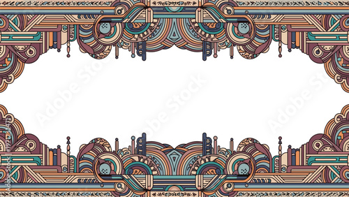 Elaborate and colorful abstract art deco geometric border design with intricate line work and symmetrical patterns on a white background.