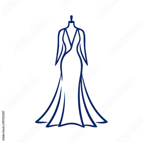 Logotipo de boutique de moda femenina. Dibujo sencillo con líneas de un vestido con falda en un maniquí 