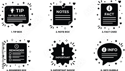 Black and white important badge tip note fact reminder info icons vector art