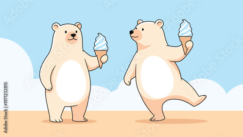 Pair of cheerful polar bear characters enjoying swirls of soft serve ice cream cones in a sunny outdoor setting with blue sky.