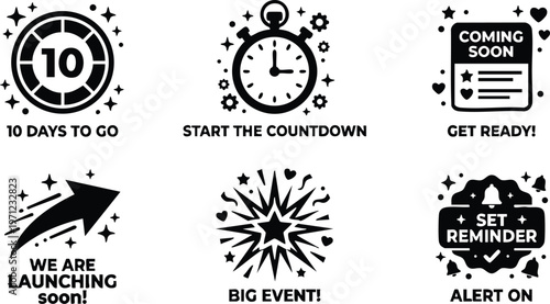 Black and white countdown and launch event icons with text and decorative stars