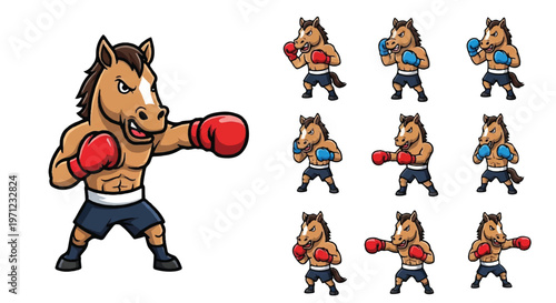 Cartoon horse boxer character posing with different boxing glove variations