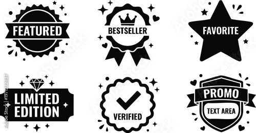 Black and white featured bestseller favorite limited edition verified promo badges vector art