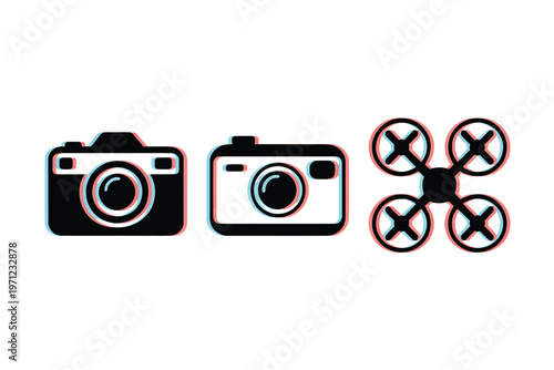 Anaglyph graphic featuring a camera and a quadcopter drone