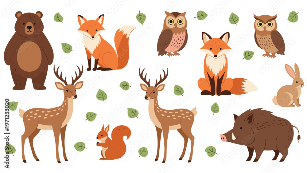 Fototapeta premium Large collection of cute cartoon forest animals including a bear, fox, deer, owl, squirrel, boar, and rabbit with green leaves.