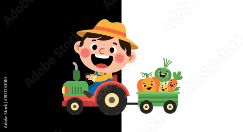 A cartoon boy driving tractor with vegetables.