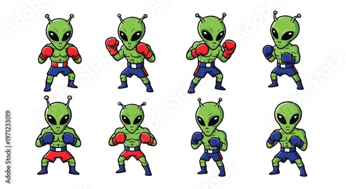 Cartoon aliens in boxing poses vector illustration for various design purposes