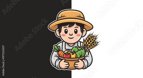 Cartoon farmer holding fresh produce.