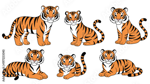 Six adorable tiger cub characters in different playful poses like sitting, standing, and lying down with vibrant orange and black stripes.