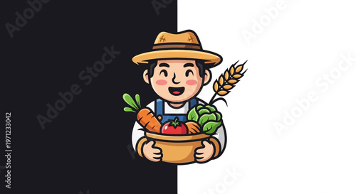 Cartoon farmer holding fresh produce.