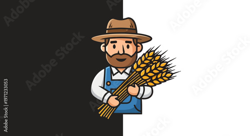 Cartoon farmer with wheat bundle.