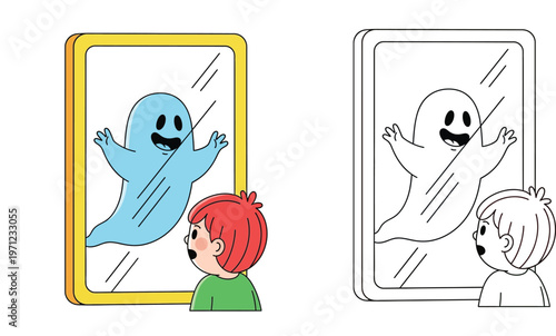 Kids Illustration of a Boy Seeing a Ghost Reflection in a Mirror with Coloring Page Version, Halloween Haunted Mirror and Paranormal Activity Cartoon Concept for Education