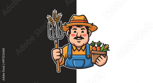 Farmer holding vegetables and farm tools.
