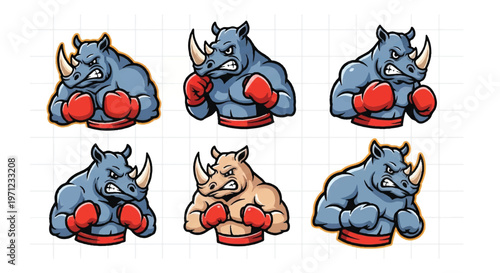 Cartoon rhinoceros boxing mascot series with red gloves