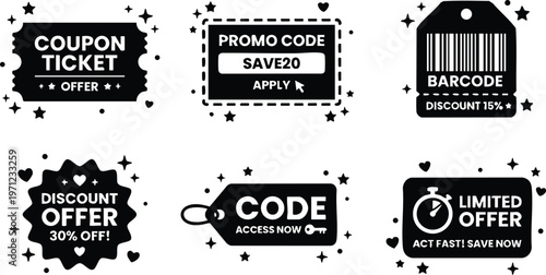Black and white discount promo code coupon ticket tags vector art set with stars and hearts