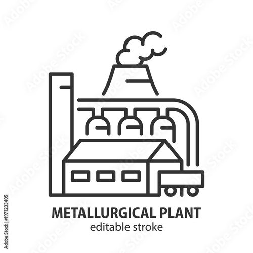 Metallurgical plant line icon. Industrial factory building with chimney and smoke. Manufacturing infrastructure concept. Editable stroke. Vector illustration.