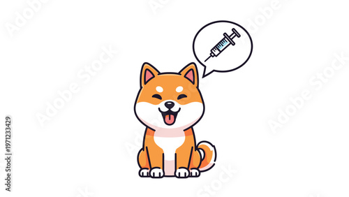 Cute cartoon Shiba Inu dog sitting happily with a speech bubble showing a medical syringe icon representing a veterinary visit.