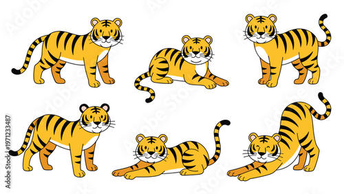 Set of six cute cartoon tiger characters in diverse friendly poses like stretching, sitting, and lying down with a bright orange color.