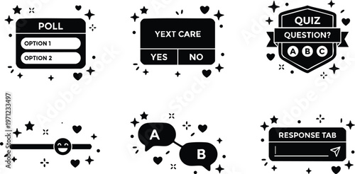 Black and white poll quiz response tab and slider social interaction icons