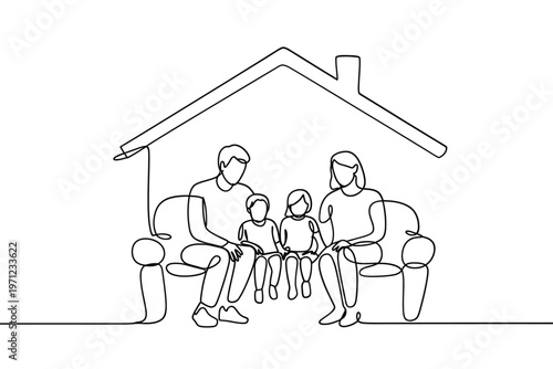 A family of four sits beneath the outline of a house