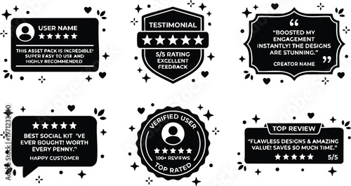 Black and white testimonial badges with star ratings and quotes vector art