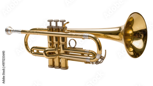 Shiny brass trumpet with valves and mouthpiece