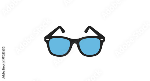 Minimalist graphic depiction of sunglasses with blue lenses set against a white backdrop