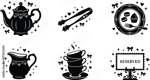 Black and white vintage tea set with reserved sign and sweets plate vector art