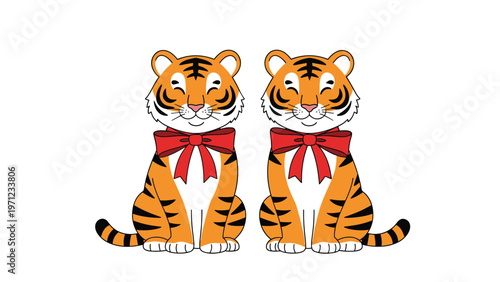 Two cute identical tiger characters sitting side-by-side with happy expressions and large red bows tied around their necks.