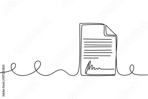 Foto Continuous line drawing of a document with a signature and swirling design