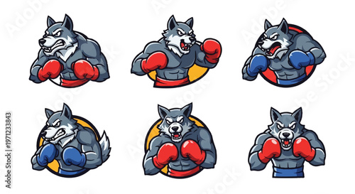 Boxer wolf mascot set vector illustration on white background