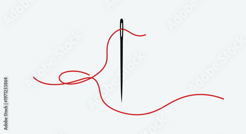 Minimalist representation of a needle with red thread against a bright white backdrop